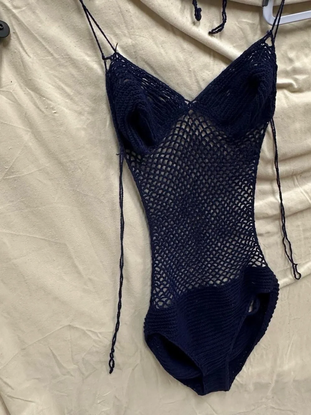 Crochet navy blue swim suit beach cover.